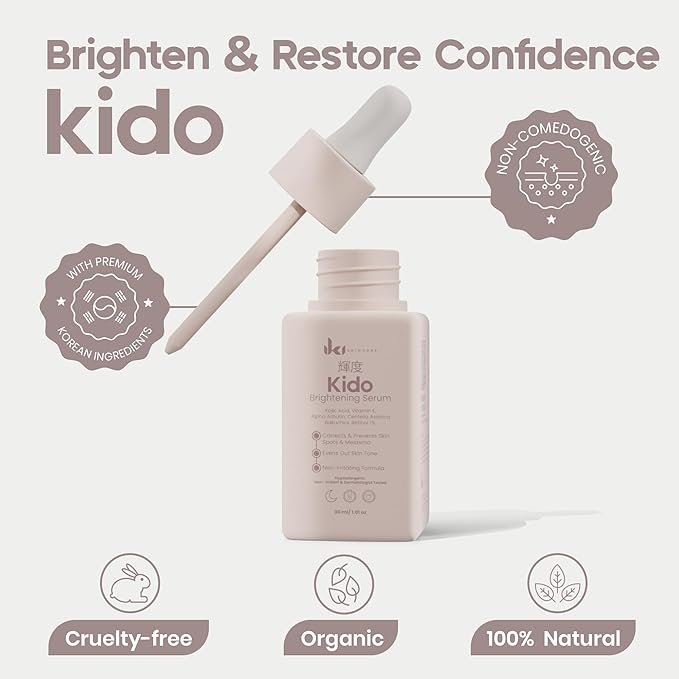 KIDO Brightening Serum - Reduces Dark Spots, Evens Skin Tone, Hydrates Deeply, Non-Irritating Formula, Kojic Acid, Alpha Arbutin, Retinol Serum for Face, Centella Asiatica, & Vitamin E