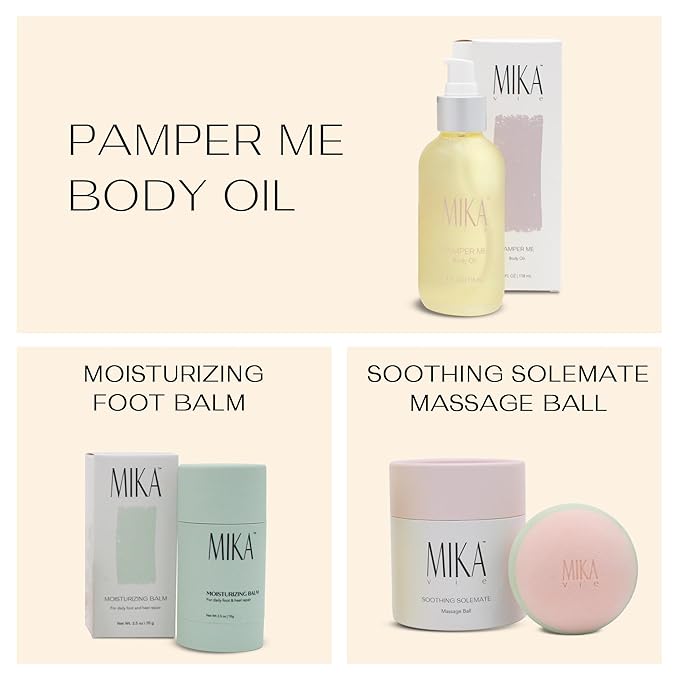 Pamper Me Luxury Bundle Body Oil Foot Balm Massage Ball | 3-Piece Beauty Kit with Organic Body Oil for Dry Skin Foot Balm for Dry Cracked Feet and Massage Ball | Clean Beauty, Vegan and Paraben Free