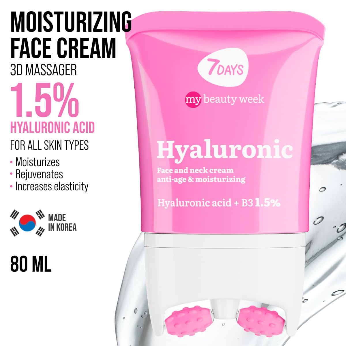 7DAYS Face Moisturizer with Hyaluronic Acid – Korean Skin Care Daily Face Cream for Women – Anti Aging, Anti-Wrinkle, Firming – with Face Roller & Neck Massager – 2.7 fl oz