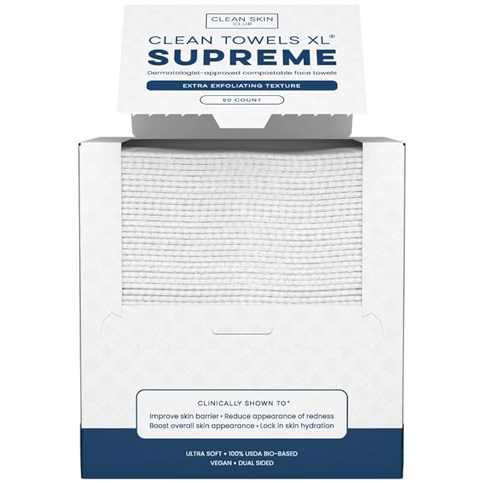 Clean Skin Club Clean Towels XL™ Supreme, 100% USDA Biobased Face Towel, Disposable Face Towelette, Eczema Association Accepted, Makeup Remover Dry Wipes, Ultra Soft, 50 Ct, 1 Pack