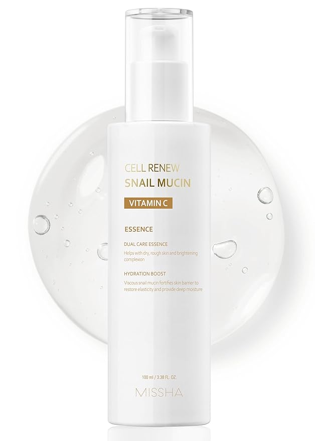 MISSHA Cell Renew Snail Mucin Vitamin C Essence Serum 3.38 Fl oz - Hydrating Korean Skincare for Glass Skin, Snail Mucin Serum for Improved Skin Texture & Complexion