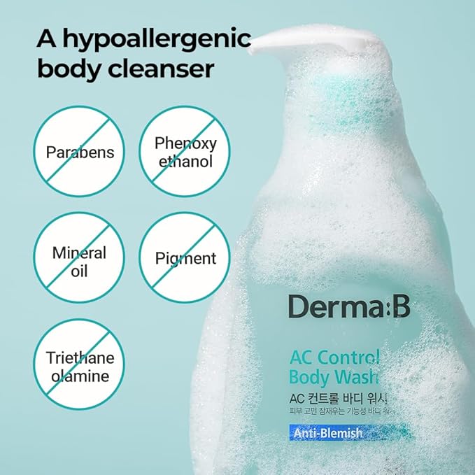 Derma B | AC Control Body Wash | Anti-Blemish & Pimples Care | Hypoallergenic Body Cleanser | All Skin Types for Women & Men | Sensitive Skin Shower Gel | Korean Bath Products | 14.2 fl oz (420ml)