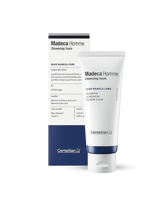 CENTELLIAN 24 Homme Cleansing Foam with TECA and Centella Asiatica for Soothing, Refreshing, and Pore-Cleaning - Gentle Daily Face Wash & Shave for Men for Sensitive Acne Prone Oily Skin (4.05 fl oz)