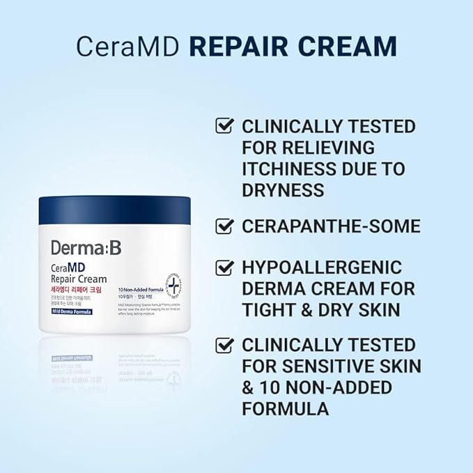 Derma B | CeraMD Repair Body Cream | Unscented Hydrating & Moisturizing Cream for Dry Skin | Relieves Itchiness | Fragrance Free with Ceramide & Panthenol | Korean Skin Care | 14.54 fl oz (430ml)