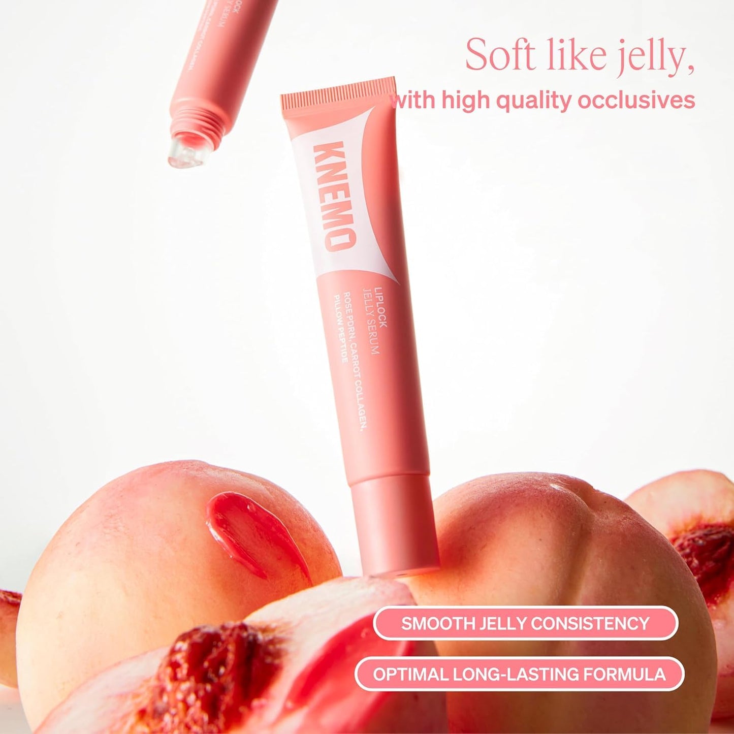KNEMO LipLock Jelly Serum for Dry Lips, Long-Lasting, Hydrating, Plumping, Glossy Mask with Rose PDRN, Carrot Collagen, Pillow Peptide, Moisturizing Tinted Lip Balm. (Peach Muse)