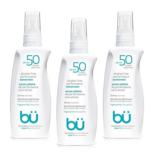 BU SPF 50 Sunscreen Spray for Face and Body, Fragrance Free, Clear Non Aeorsol, Non Greasy and Water Resistant (3-pack)