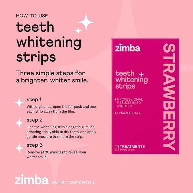 Zimba Strawberry Flavored Teeth Whitening Strips | Vegan, Enamel Safe Hydrogen Peroxide Teeth Whitener for Coffee, Wine, Tobacco, and Other Stains | 14 Day Treatment | Strawberry