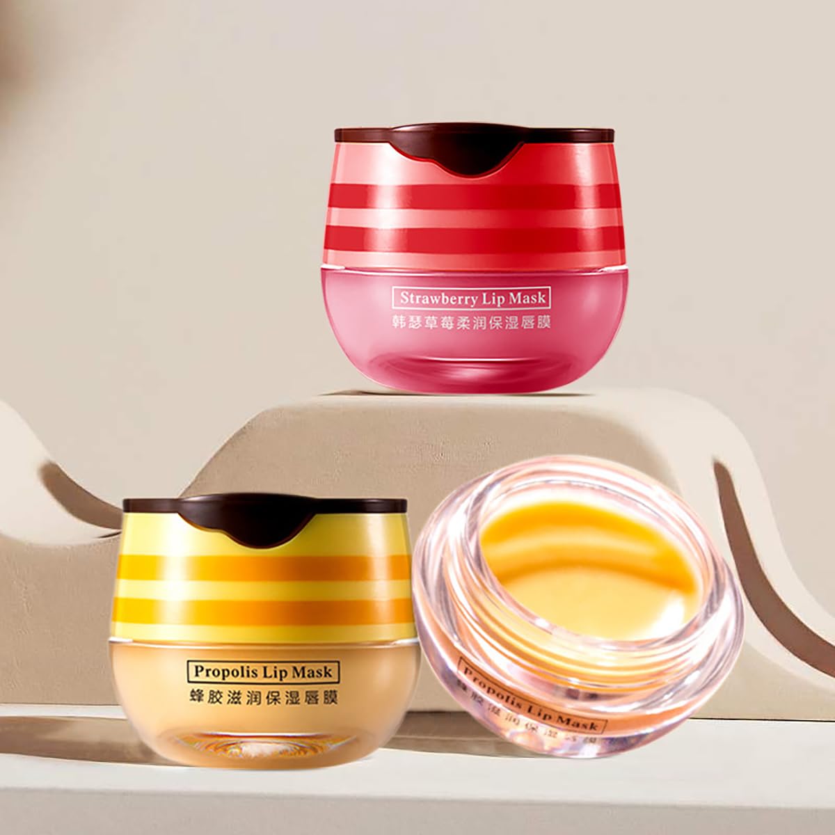 4PCS Strawberry & Honey Lip Balm, Vitamin E Moisturizing Propolis Sleeping Lip Mask, Effective Reduces Lip Lines Prevention Dry and Cracked Lip Scrubs Exfoliator Smoothing Dry Lip Care