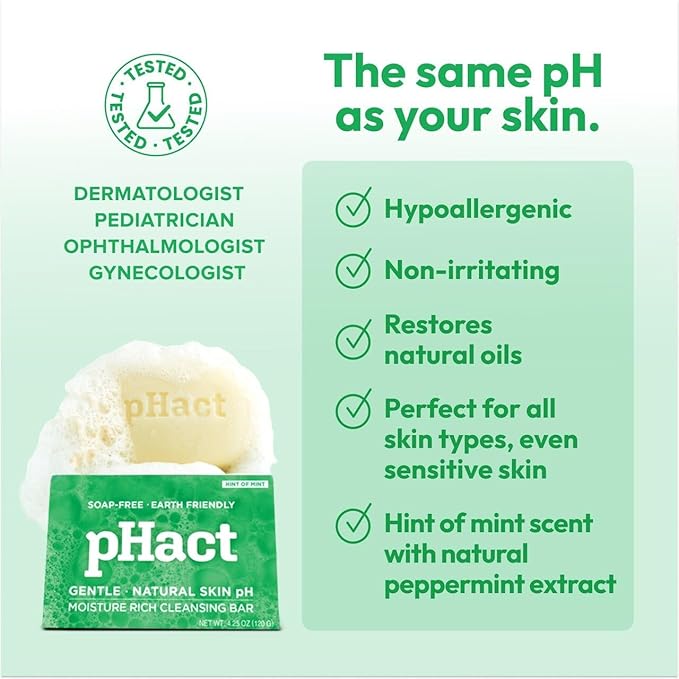 ANDREW LESSMAN pHact Moisture-Rich, Soap-Free Cleansing Bar Hint of Mint. Natural Skin pH. All Skin Types - Even Sensitive Skin. Hypoallergenic. Dermatologist Tested. 6 Pack 4.25 oz each