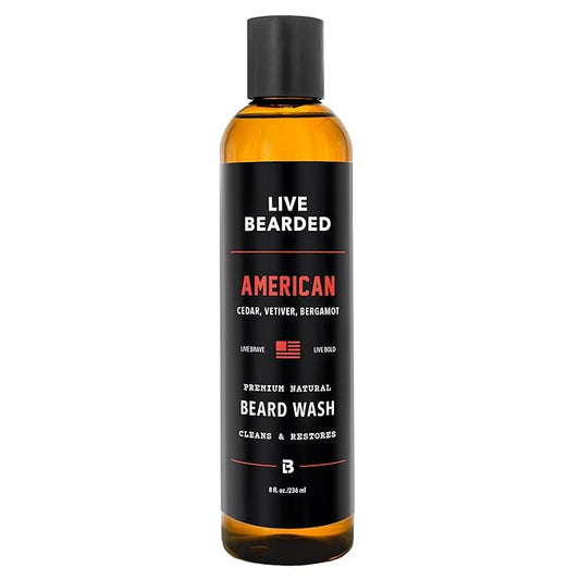 Live Bearded Beard Wash, 8 fl oz - Water-Based Face Cleanser with All-Natural Ingredients for a Gentle, Deep Clean - Made in the USA | American Scent - Cedar, Vetiver, Bergamont