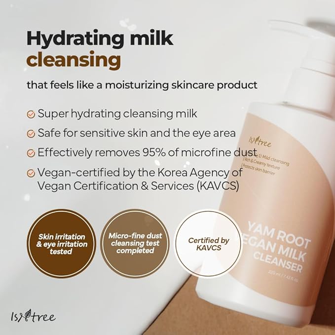 IsNtree Yam Root Vegan Milk Cleanser 220ml, 7.43 fl.oz | Korean Facial Cleanser for Sensitive Skin | Rich & Creamy Texture | Hydrating & Mild | Vegan & Cruelty-Free Skincare