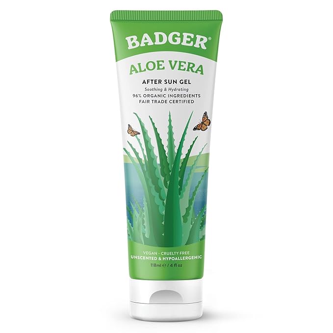 Badger Aloe Vera Gel for Sunburn Relief, Fair Trade & Organic After Sun Care, Pure Cooling Soothing Aloe Vera Gel for Face & Skin, Hypoallergenic & Unscented, 4 fl oz