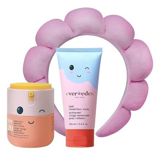 Happy Morning DUO Kids Spa Headband for Girls: Clean & Vegan Skin Care Bundle | Cloud Face Wash + SPF 20 Mineral Face Cream | Non-Toxic | Easy-to-Use Skincare