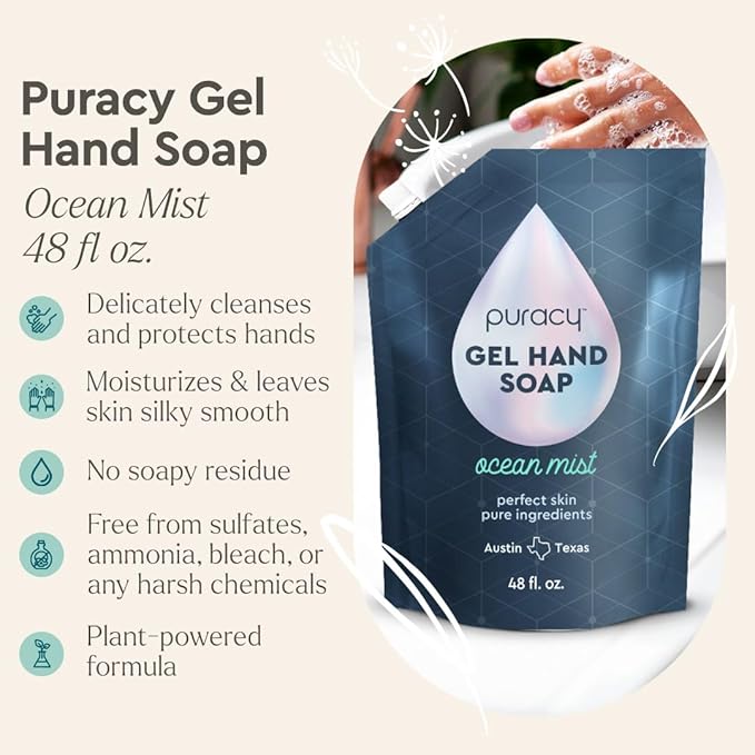 Puracy Gel Hand Soap Refill - Plant-Powered Natural Hand Soap Refill As Seen on TikTok, Non-Toxic, Sulfate-Free Liquid Soap, Moisturizing Liquid Gel Handwash Refill (Ocean Mist, 48 fl oz)