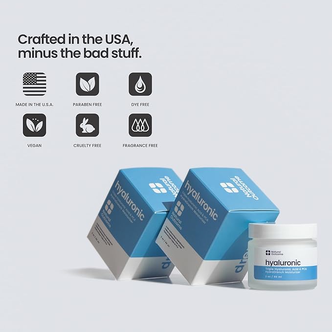 Natual Outcome - Hyaluronic Acid Moisturizer Face Cream for Skin, Daily Day & Night Hydrating Lotion Triple Hyaluronic Acid & PCA - Vegan, Cruelty Free, Fragrance Free 2 OZ