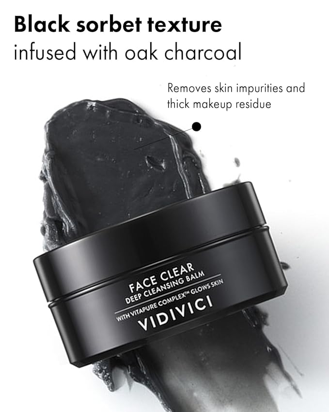 VIDIVICI Face Clear Deep Cleansing Balm - Silky Black Sorbet Texture, Oak Charcoal Infused, Single-Step Makeup Removal, Moisturizes & Brightens Skin, Hypoallergenic Sebum/Keratin Care, 3.38oz.