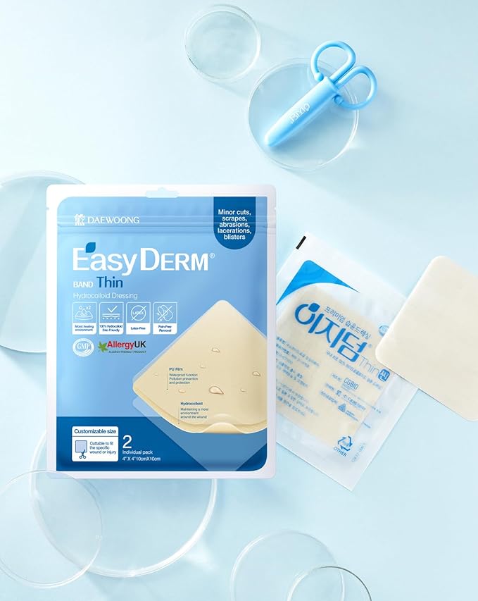 Easyderm Thin Hydrocolloid Large Wound Dressing 4”x4” 2 Pack (4 Dressings) Waterproof, Latex Free, Highly Absorbent Dressing for Burns, Blisters, Pimple Care and Wound Healing with Mini Scissor