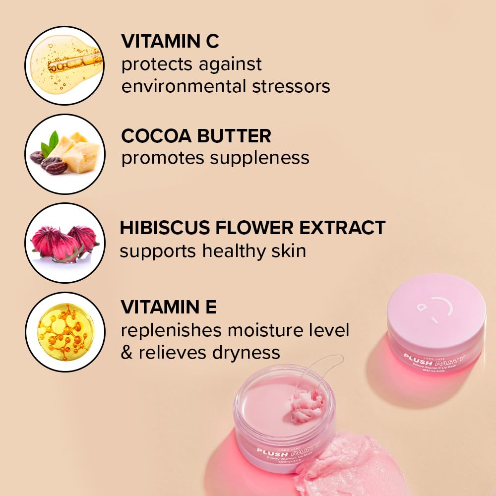 I DEW CARE Overnight Lip Sleeping Mask - Plush Party | Buttery Vitamin C, Lip Glaze, Moisturizing Balm, With Cocoa Butter For Dry Lips, Glass Skin Look, Nourish and Hydrate, Korean Skin, 0.42 Oz