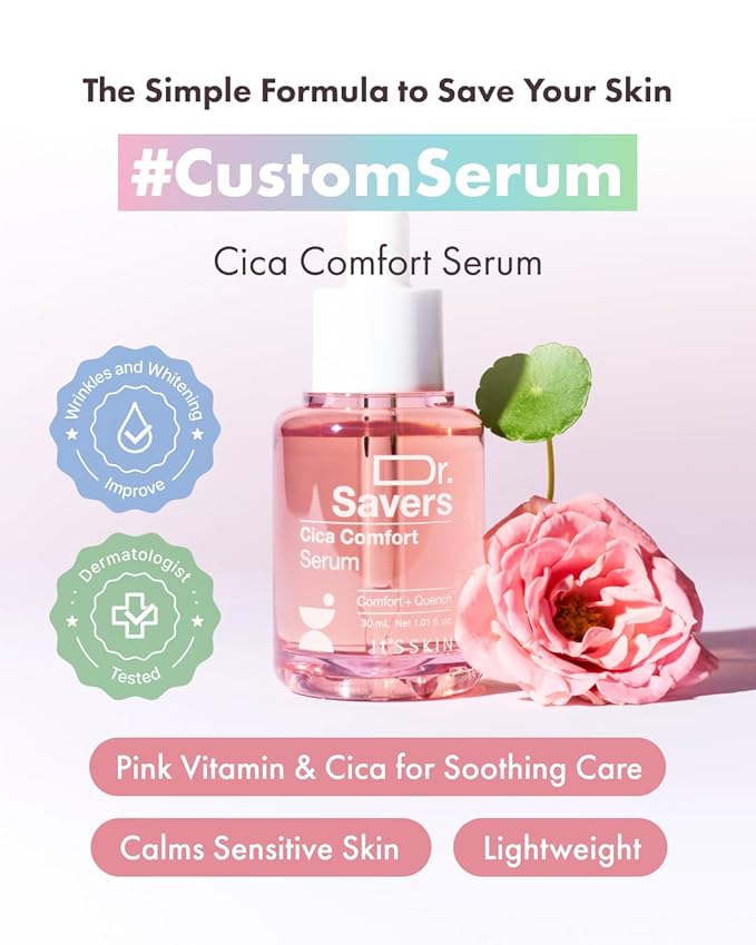 IT’S SKIN Dr.Savers Cica Comfort Serum 1.01 fl.oz, Calming and Soothing Face Serum with Centella Asiatica, Rose Water, Pink Vitamin Complex, Lightweight Hydration for Sensitive Skin, Korean Skincare