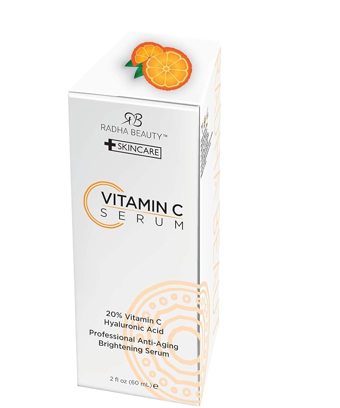 Radha Beauty Natural Vitamin C Serum 2oz, Vitamin C, Vitamin E, Hyaluronic Acid and Aloe, Facial Serum for Anti-Aging Wrinkles, Dark Spots, Fine Lines