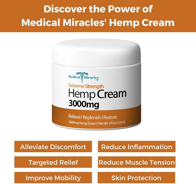 Hemp Relief Cream - Ideal for Arthritis, Neuropathy, Muscles, Joints, Neck, Back, Elbows, Hands, Feet, and Knees - Proudly Made in USA (3000mg)