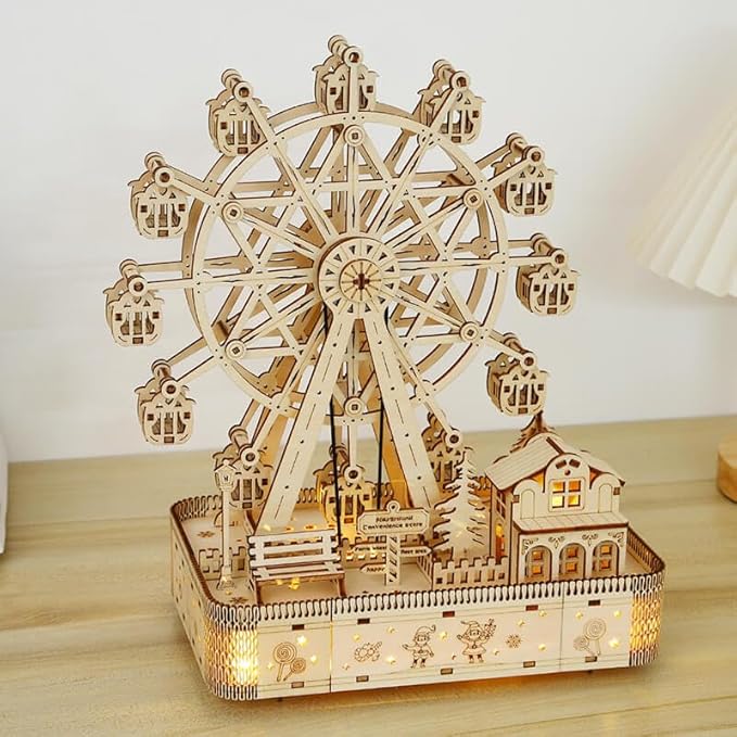 3D Wooden Puzzles for Adults 183pcs LED Light Music Ferris Wheel DIY Wooden Assembly Kit for Teens Home Decor