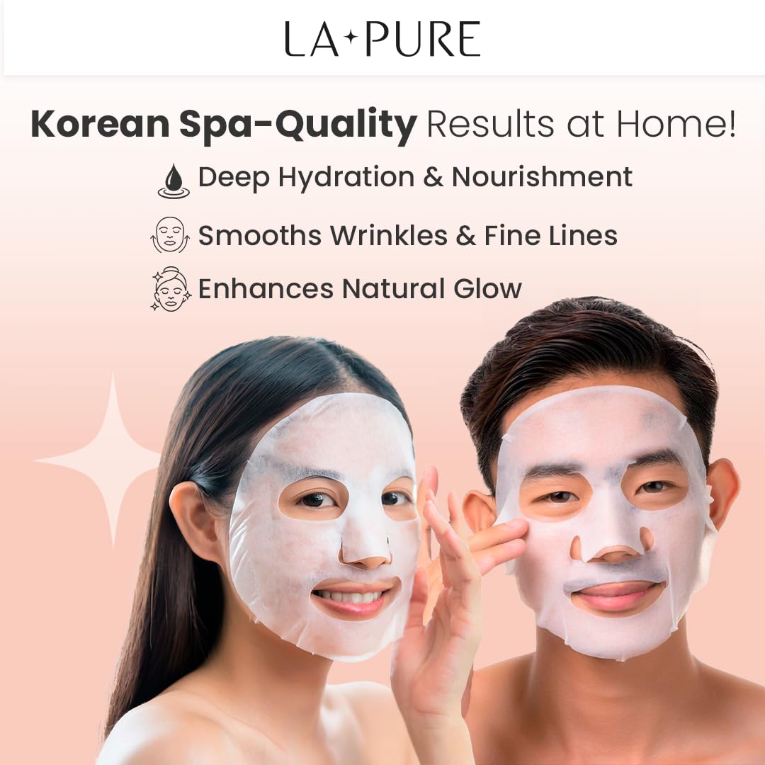 LA PURE Snail Mucin Mask – 10ct Korean Sheet Mask Pack for Signs of Aging, Aid Skin Repair & Hydration – Pure Snail Mask for Face with Collagen & Hyaluronic Acid – Cruelty-Free Hydrating Sheet Mask