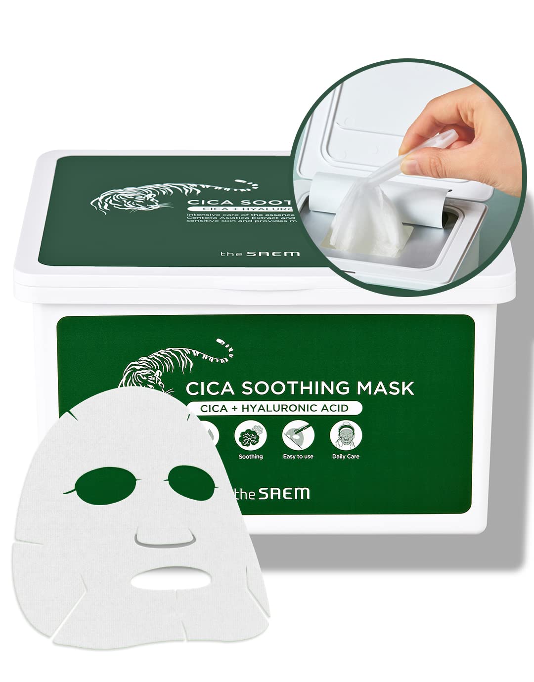 THESAEM Cica Soothing Mask 30ea - Daily Calming Facial Mask Sheet - Centella Asiatica, Hyaluronic Acid, and Panthenol - Moisturizing Essence with Vegan Sheet - Korean Skincare