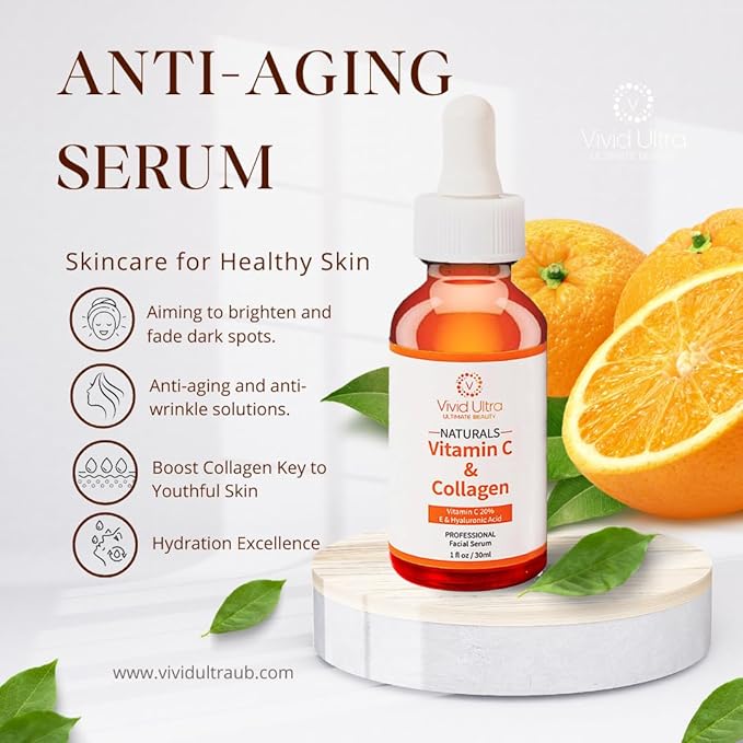 Vivid Ultra Vitamin C Serum for Face – Anti-Aging Serum with Hyaluronic Acid, Collagen & Vitamin E – Brightening Dark Spots, Firming Skin, Reducing Wrinkles & Acne Scars – 1 Fl Oz