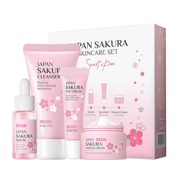 Gentle Skin Daily Skincare Set for Teen Girls & Women, JAPAN SAKURA Face Care Kit Includes Cleanser Hydrating Serum Essence Eye Cream, Sensitive Skin & Travel Essentials (4PCS)