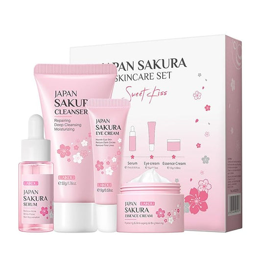 Gentle Skin Daily Skincare Set for Teen Girls & Women, JAPAN SAKURA Face Care Kit Includes Cleanser Hydrating Serum Essence Eye Cream, Sensitive Skin & Travel Essentials (4PCS)