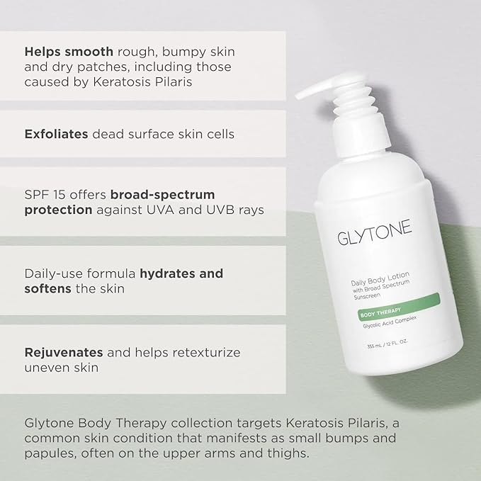 Glytone Daily Body Lotion with SPF 15–Broad Spectrum Sunscreen Moisturizer for Body –Spf Lotion with Glycolic Acid & Shea Butter – Sensitive Skin Sun Screen – Gives Non Greasy Sun Protection – 12 oz