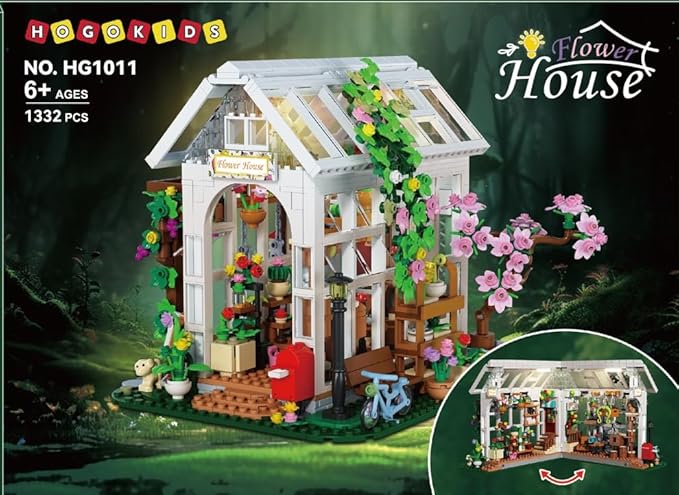 HOGOKIDS Flower House Building Set with LED Light - 1332 PCS Garden House Buiding Toy with Flowers Potted Plants Parrot Cat Animals Playset Greenhouse Model Xmas Gift for Adults Teens Girls Ages 8+