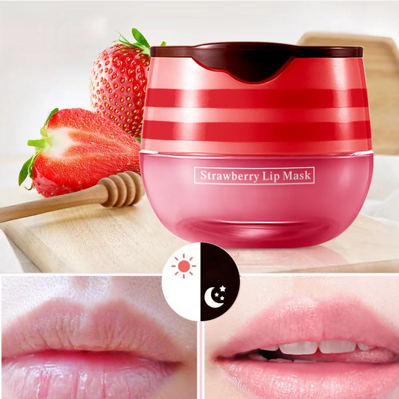 2 Pcs Bee Lip Balm Honey Pot, Honey & Strawberry Lip Mask Overnight Moisturizing Scrub Exfoliator Reduces Lip Lines Prevention Dry and Cracked. (Honey & Strawberry)