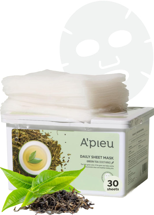 A'PIEU Daily Sheet Mask (Green Tea) - Moisturizing Korean Face Masks, 30-day supply, Lyocell fabric for comfort, Saturated with Green Tea Extract Essence