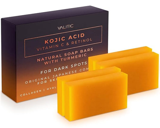VALITIC Kojic Acid Vitamin C and Retinol Soap Bars with Turmeric for Dark Spot - Original Japanese Complex Infused with Collagen, Hyaluronic Acid, and Vitamin E (4 Pack)