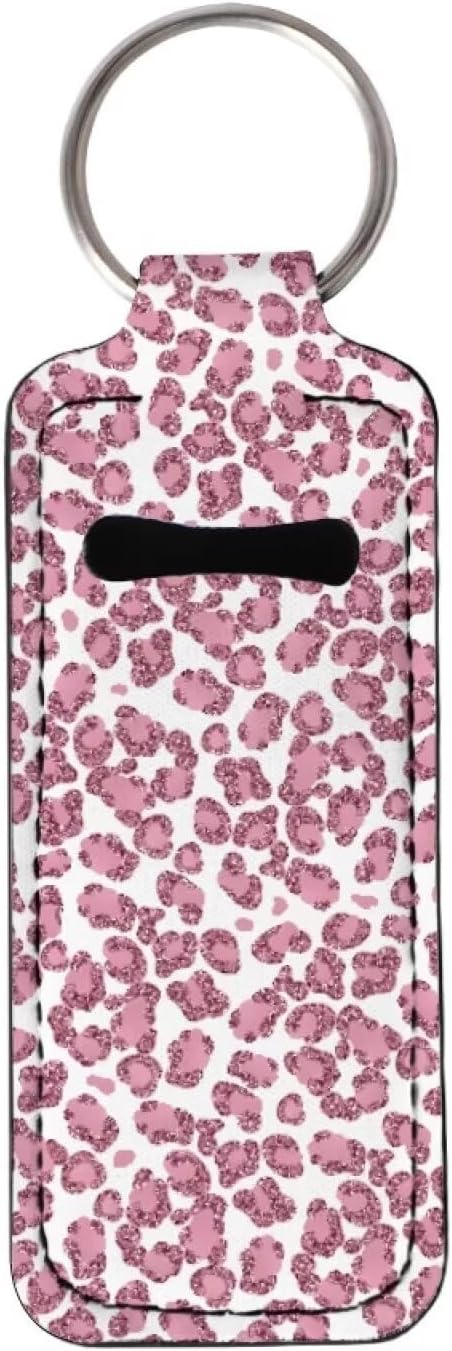 Horeset Pink Leopard Print Chapstick Holder Keychain, Neoprene Girls
