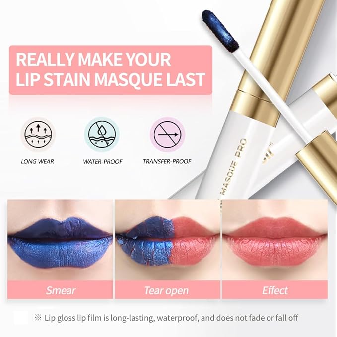 2Pcs Matte Lip Stain Wipe Off Masque - Peel Off Lip Stain Tattoo, All Day Peel Off Lip Tint,Long Lasting Lip Mask,Waterproof Transfer-proof Lip Liner Peel Off Lip Gloss,Stay Lip Makeup 02+09