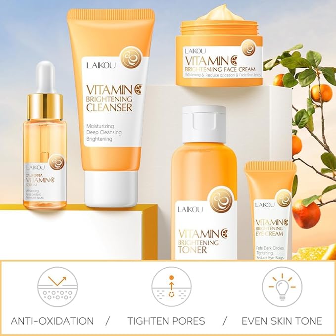 Vitamin C Skincare Set, Moisturizing Face Skin Care Kit with Facial Cleanser, Face Serum, Face Cream, Eye Cream, Toner For Hydrating Skin, Anti-Aging Skin