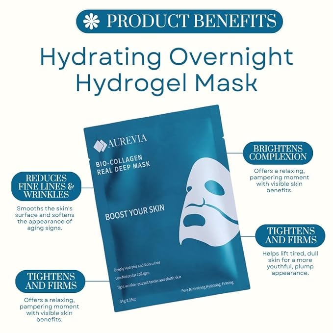 5-Pack Bio-Collagen Hydrogel Face Masks | Overnight Hydrating Sheet Mask for Women, Anti-Aging, Wrinkle Reduction & Pore Minimizing Skincare