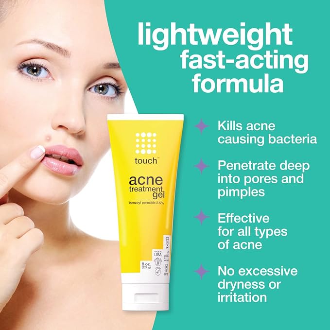 Touch Benzoyl Peroxide 2.5% Gel Cream For Acne - Pimples and Cystic Acne Spot & Daily Face and Back Medication for Adults & Teens – Goes on Clear Lightweight & Non-Drying - Large 8 oz.