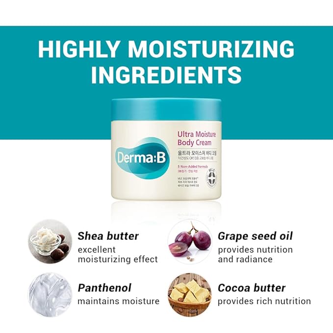 Derma B | Ultra Moisture Body Cream | Moisturizer for Dry Skin | Body Skin Care | Body Balm for Sensitive Skin | Olive Oil and Allantoin | 48 Hour Lasting Skin Moisturization | 14.54 fl oz (430ml)