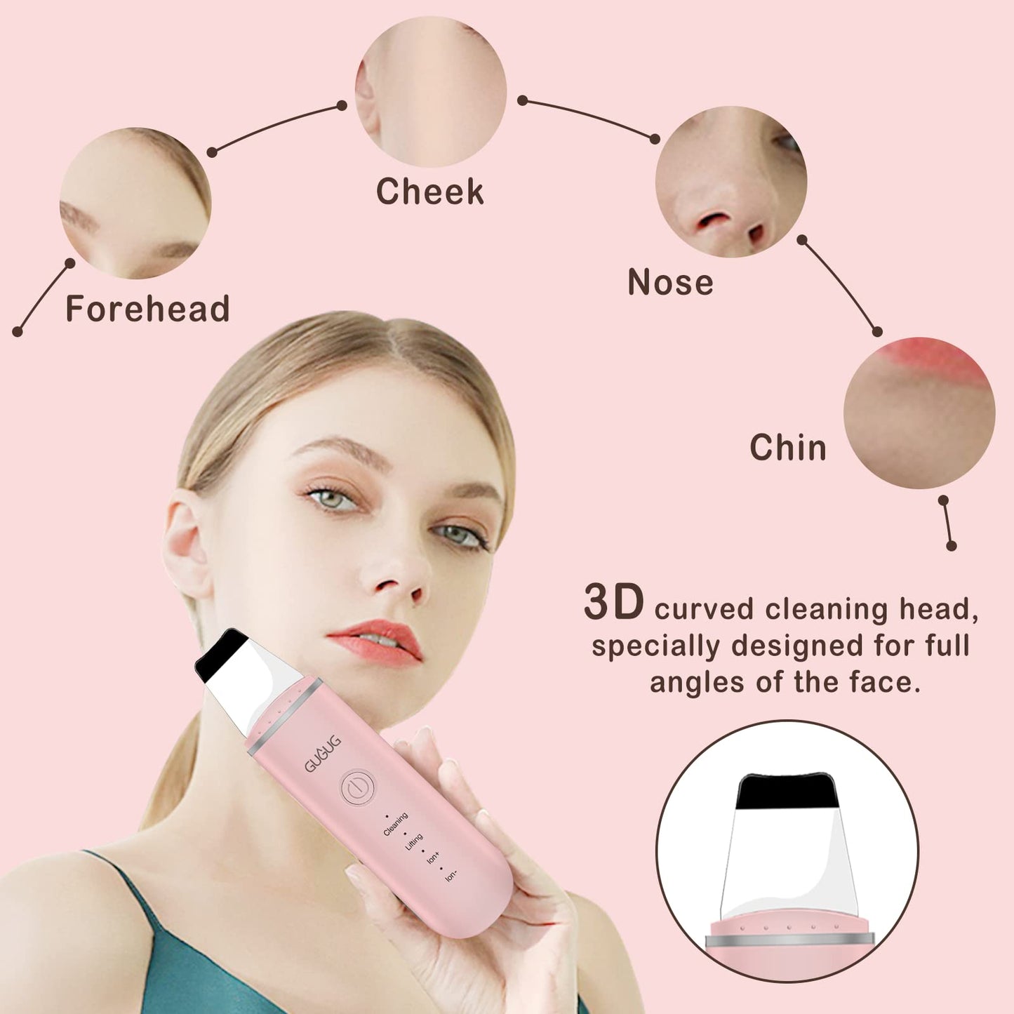 GUGUG Skin Scrubber Face Spatula & Pore Cleaner Blackhead Remover with 4 Modes, Deep Cleansing Facial Tools (Pink, 2-Pack)