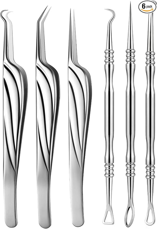 FVION Blackhead and Acne Extractor Kit, Professional Pimple Popper Tool Kit, Acne Tweezers and Blackhead Remover Tools for Face, 6 PCS Surgical Extractor Pimple Popping Tools
