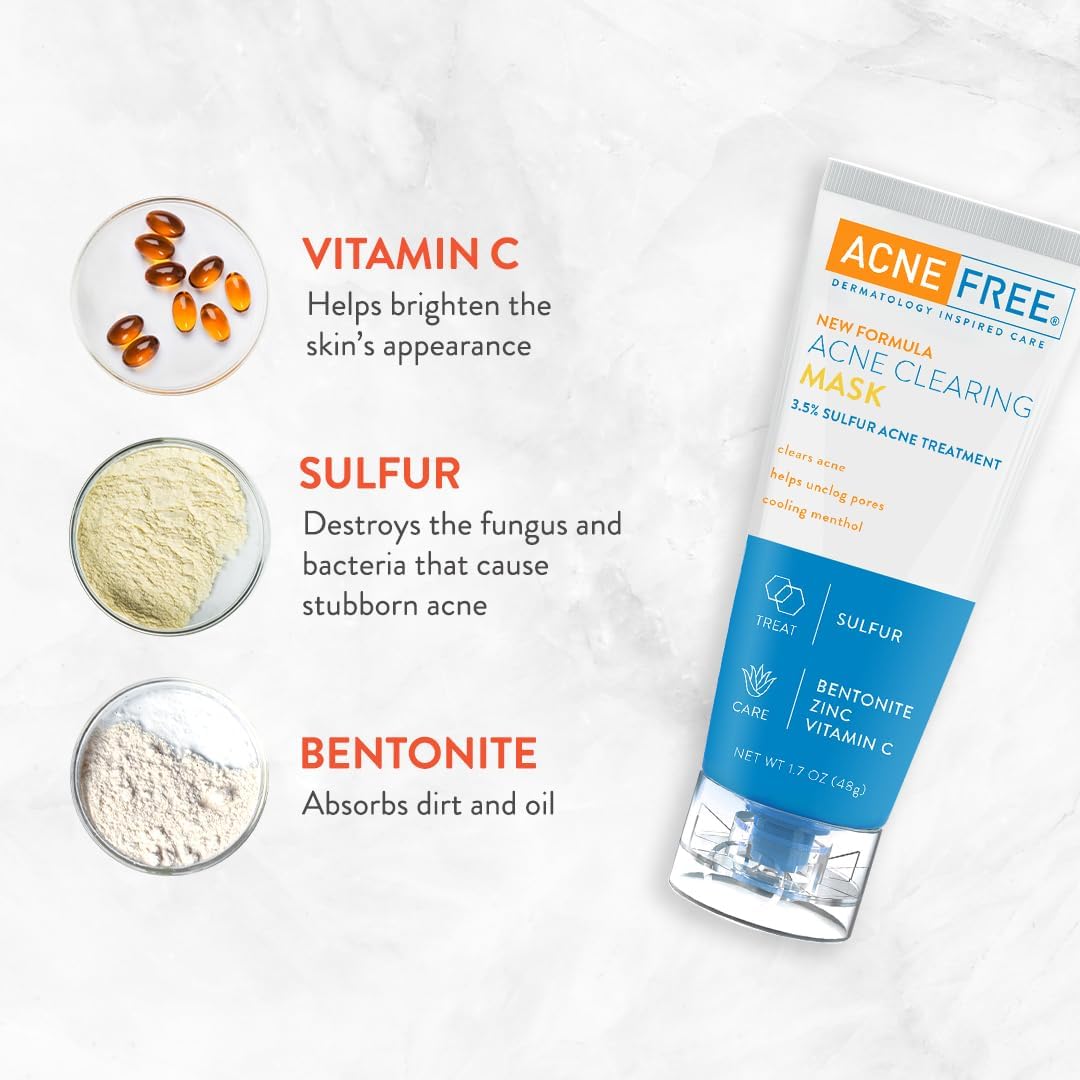 AcneFree Acne Clearing Mask, 3.5% Sulfur Acne Treatment, Absorbs Excess Oil and Unclogs Pores with Vitamin C, Bentonite, and Zinc, 1.7 Ounce - Pack of 3