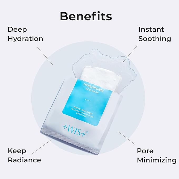+WIS+ Hyaluronic Acid Face Mask 24 EA with Hyaluronic Acid Serum and Vitamin B5, Hydrating Facial Mask for Dry Skin, Anti-Aging Mask to Plump and Repair Dehydrated Skin, Safe on Sensitive Skin