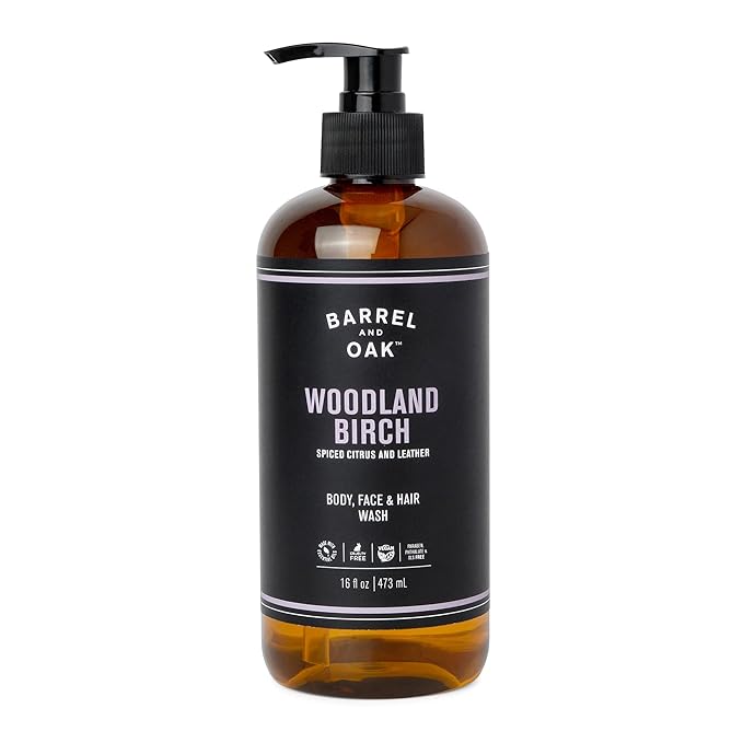 Barrel and Oak - All-In-One Body Wash, Men's Body Wash, Men's Soap for Hair, Face, & Body, Refreshing & Balanced Cleanser, Essential Oil-Based Scent, Vegan (Woodland Birch, 16 oz)