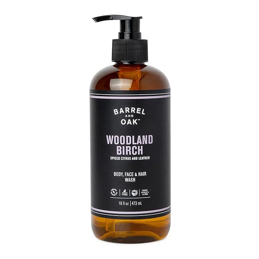 Barrel and Oak - All-In-One Body Wash, Men's Body Wash, Men's Soap for Hair, Face, & Body, Refreshing & Balanced Cleanser, Essential Oil-Based Scent, Vegan (Woodland Birch, 16 oz)