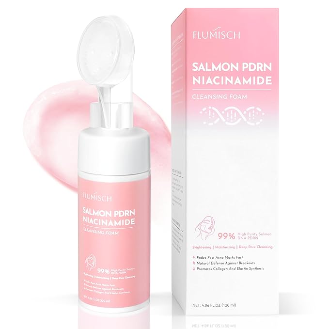 Salmon DNA PDRN Facial Cleanser | Low pH Hydrating Daily Foaming Face Wash with Soft Massage Heads | PDRN, Collagen & LHA | Gentle Pore Care & Radiant, Balanced-Looking Skin | 4.06 fl. oz