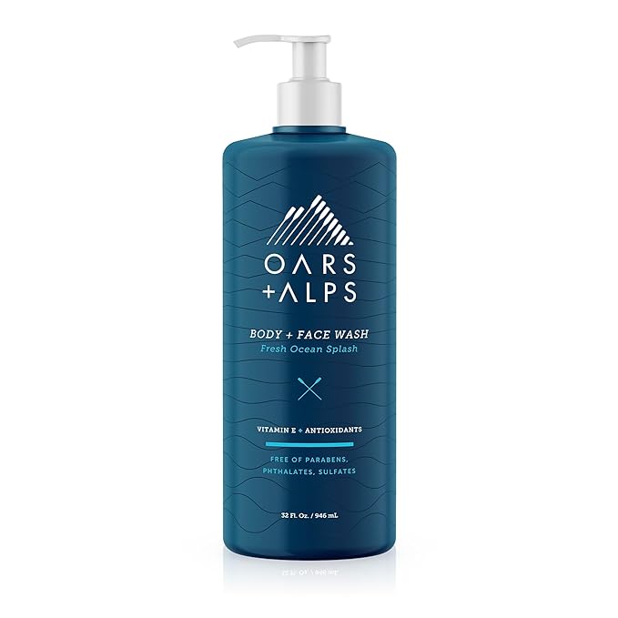 Oars + Alps Mens Moisturizing Body and Face Wash, Skin Care Infused with Vitamin E and Antioxidants, Sulfate Free, Fresh Ocean Splash 32oz